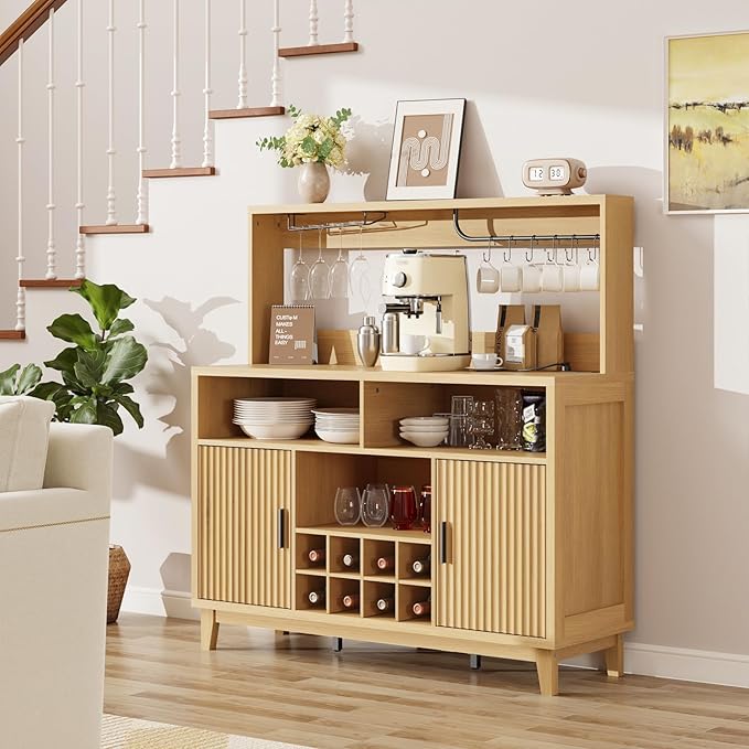 Fluted Buffet Cabinet with Storage, Modern Coffee Bar Cabinet with Outlet, Wine Rack, Cup Holder, Multi-Functional Accent Liquor Cabinet for Living Room, Entryway, Kitchen, Wood