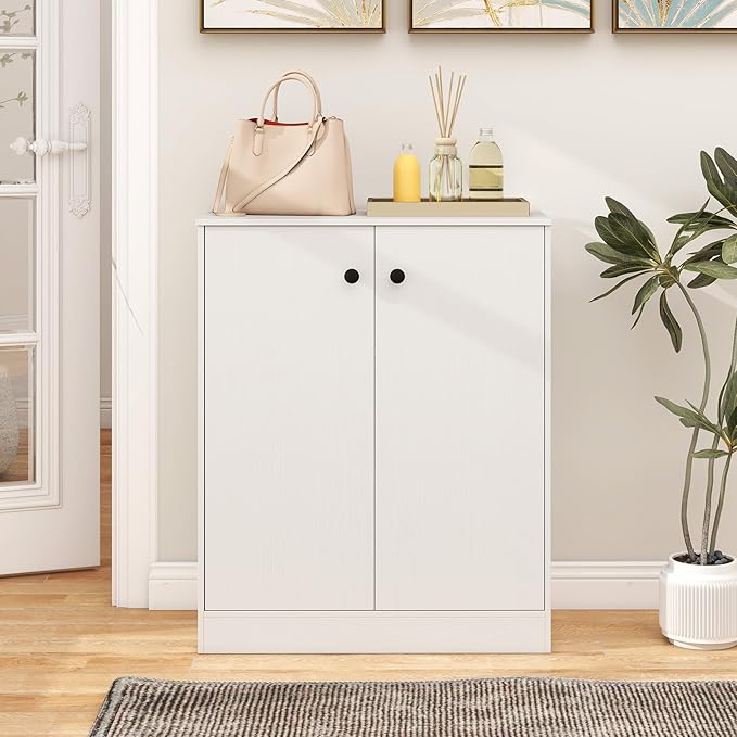 GOFLAME Floor Storage Cabinet with 2 Doors, Freestanding Accent Storage Cabinet Organizer with 3-Tier Inner Shelves, Modern Sideboard Buffet Cabinet for Kitchen, Living Room, Entryway, White