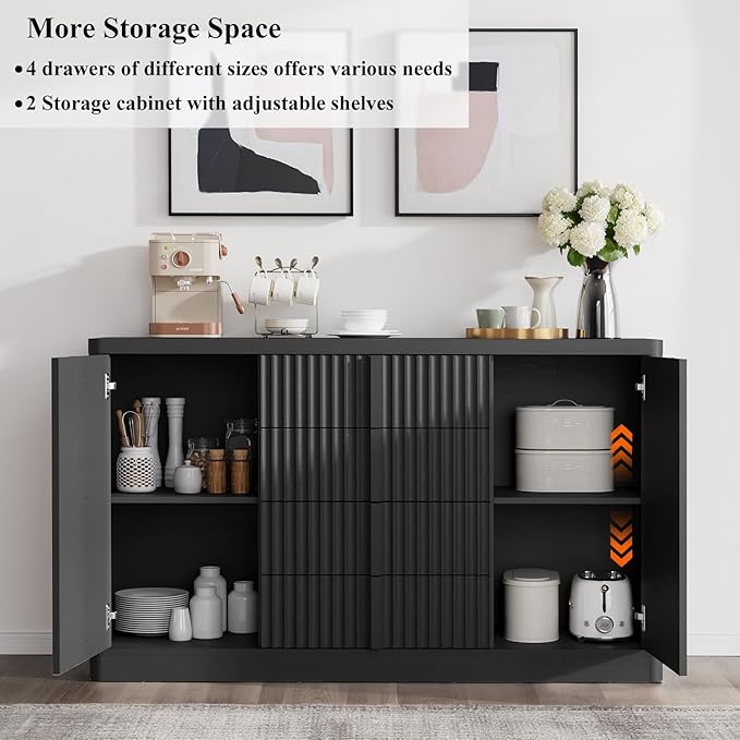 Buffet Cabinet with Storage, 60" Fluted Sideboard with 4 Drawers & 2 Door–Modern Accent Buffet Cabinet with Adjustable Shelves, Credenza Storage Cabinet for Kitchen, Dining, Living Room,Black(1PC)
