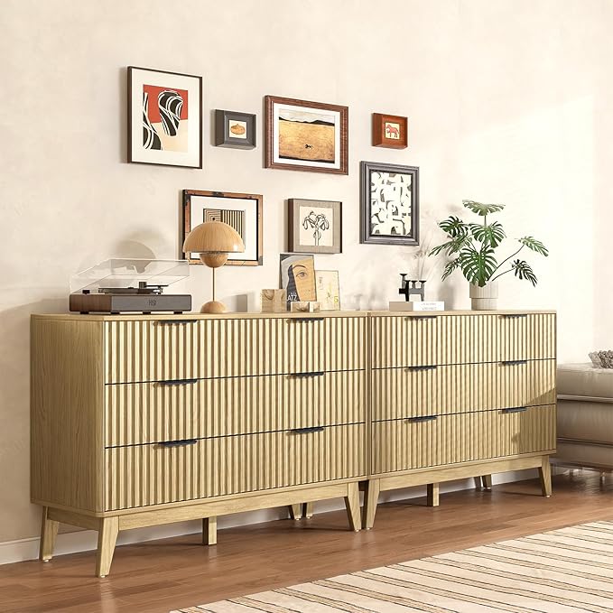 Modern 6 Drawer Dresser, Natural Oak, Fluted Wave Design, Rounded Corners, Mid Century Dresser TV Stand, 48" Wide Chest of Drawers for Bedroom and Living Room