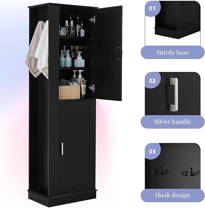 Tall Freestanding Storage Cabinet, Multi-Purpose Floor Organizer with 2 Doors, Hook and Adjustable Shelf for Bathroom, Office, Black
