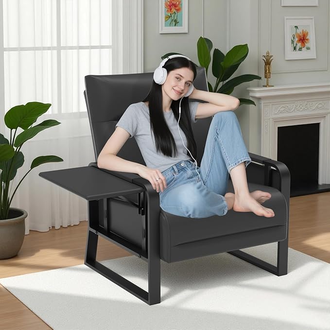 Faux Leather Accent Chair with Flip Up Tray Table Soft Backrest Side Pocket for Living Room Office Bedroom Leather Accent Chair, Black