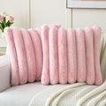 FUTEI Pink Decorative Throw Pillow Covers 22x22 Inch Set of 2, Square Soft Faux Rabbit Fur Thick Striped Cushion Cover,Winter Home Decor for Couch Bed Living Room