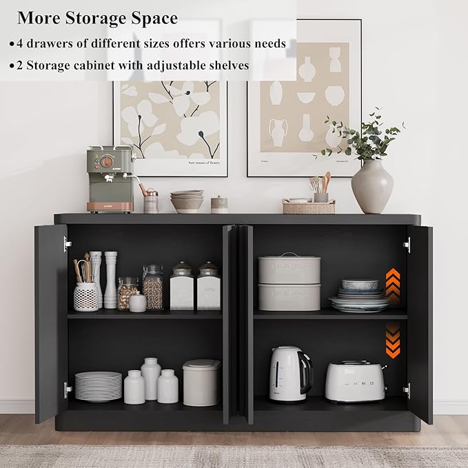 Fluted Buffet Cabinet with Storage, 60" Sideboard Buffet Cabinet with 4 Door, Modern Credenza Storage Cabinets with Adjustable Shelves, Solid Wood Handles for Kitchen, Dining, Living Room, Black(1PC)
