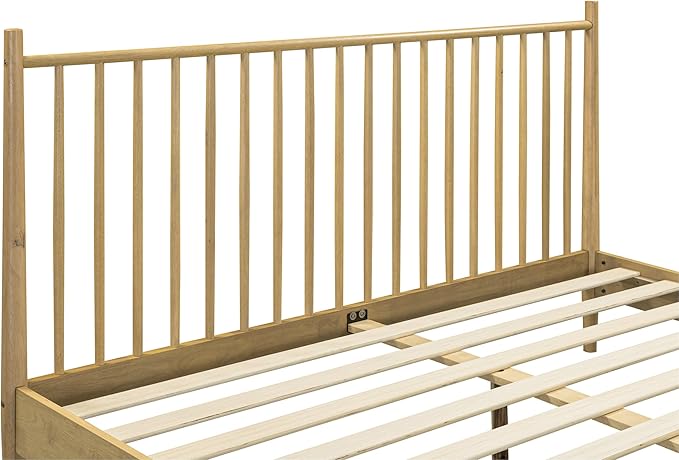 NTC Inno Wooden Bed Frame with Headboard, Solid Oak and Rubber Wood Foundation with Silent Slats and Wood Central Supports, 1000 Lb Capacity, Effortless Assembly, King - Sand