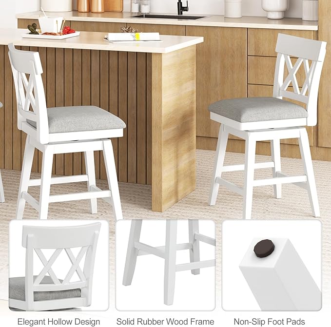COSTWAY Bar Stool Set of 4 for Kitchen Island, 26" Counter Height Chair with Ergonomic Backrest, Foot Rest, Padded Seat & Solid Wood Structure, 360°Swivel Farmhouse Barstool with Back