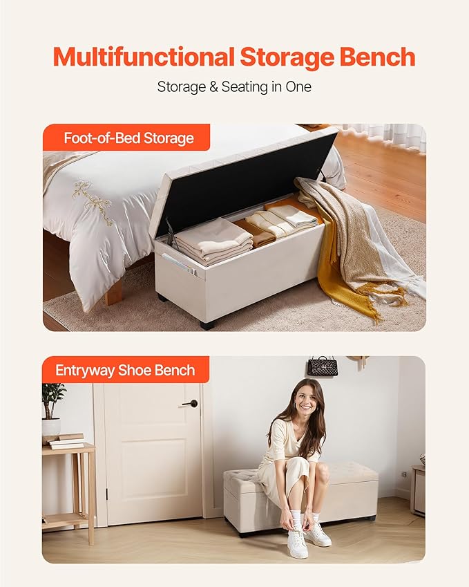 VEVOR Storage Ottoman Bench, End of Bed Bench with 2 Side Bags, Fabric Upholstered with Metal Frame, Toy Box Storage, Bed Benches for Foot of Bed, Bench for Entryway, Living Room, Playroom, Beige