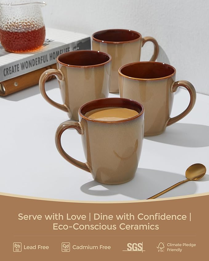 Coffee Mug 16 oz, Ceramic Coffee Mugs Set of 4, Reactive Glaze Mug for Latte/Tea/Cappuccino, Large Stackable Mug Set for Men, Women, Dad, Mom, Dishwasher & Microwave Safe, Brown Yellow