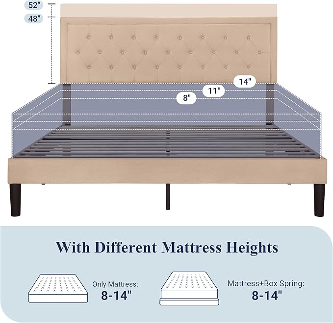 Allewie King Size Fabric Upholstered Bed Frame with Diamond Button Tufted/Adjustable Headboard/Wood Slat Support/Mattress Foundation/Beige