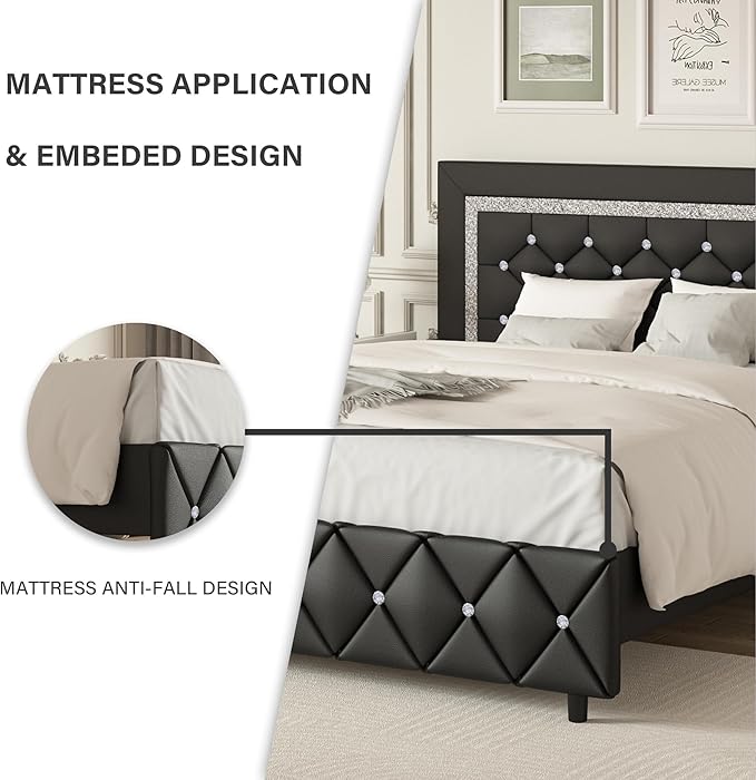 BarnFurin Twin Bed Frame with Headboard, Upholstered Bed with Diamond Tufted Design, Kids Bed Frame with Wooden Slats Support, No Box Spring Required, Easy Assembly, Black