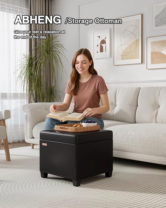 17.7 inches Synthetic Leather turfed Ottomans Cube with Legs, Metal-Framed Square Storage Ottoman Foot Rest Stool Holds 770 LB for Dorm Living Room Bedroom Black UASND63B