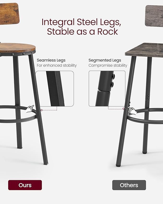 VASAGLE Bar Stools Set of 4, Bar Height Stools, 28.9 Inches Counter Barstools Chairs with Back for Dining Kitchen Island, Steel Frame, Industrial Style, Easy Assembly, Rustic Brown and Ink Black