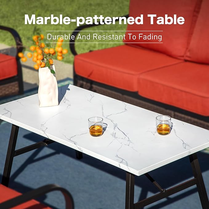 6 Piece Metal Outdoor Patio Furniture Set, Patio Conversation Set with Rocking Chair and 5.75" Thick Cushion & Coffee Tabl, Outdoor Seating Black Frame Backyard Furniture, Rust Red