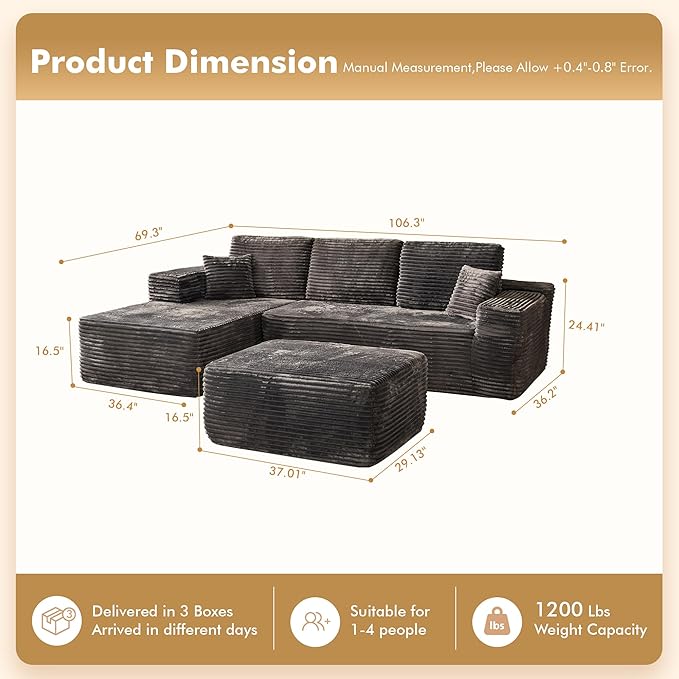 106" Cloud Sectional Couch with L-Shape Chaise & Ottoman, No Assembly Modular Sofa, Deep Seat Plush Corduroy Boneless Couched for Living Room (Gray Plush Corduroy, Left Facing Chaise with Ottoman)