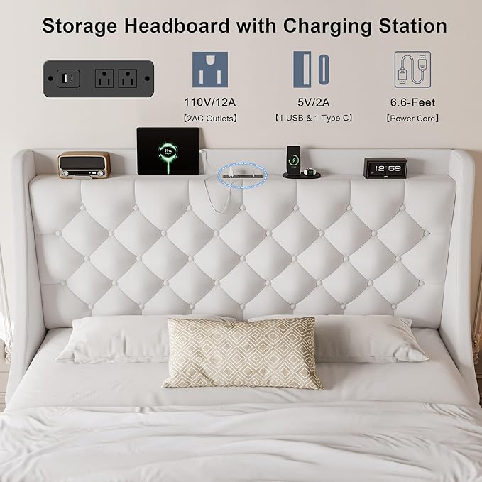 Queen Size Bed Frame with 4 Storage Drawers & Charging Station, Linen Upholstered Platform Bedframe, Button Tufted Wingback Headboard, Sturdy Wooden Slats, No Box Spring Needed, White