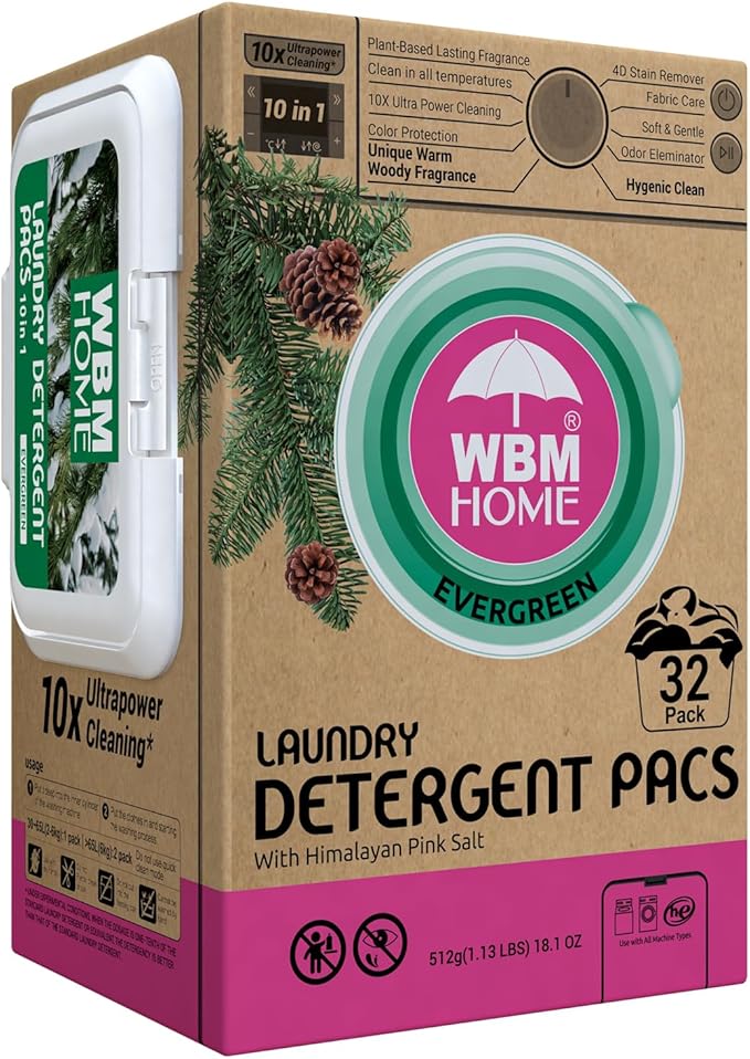 WBM Laundry Detergent Pods - Ultra-Concentrated, Hypoallergenic, Stain-Fighting, Evergreen Scent, 32-Pack, Recyclable Packaging for Eco-Friendly Cleaning