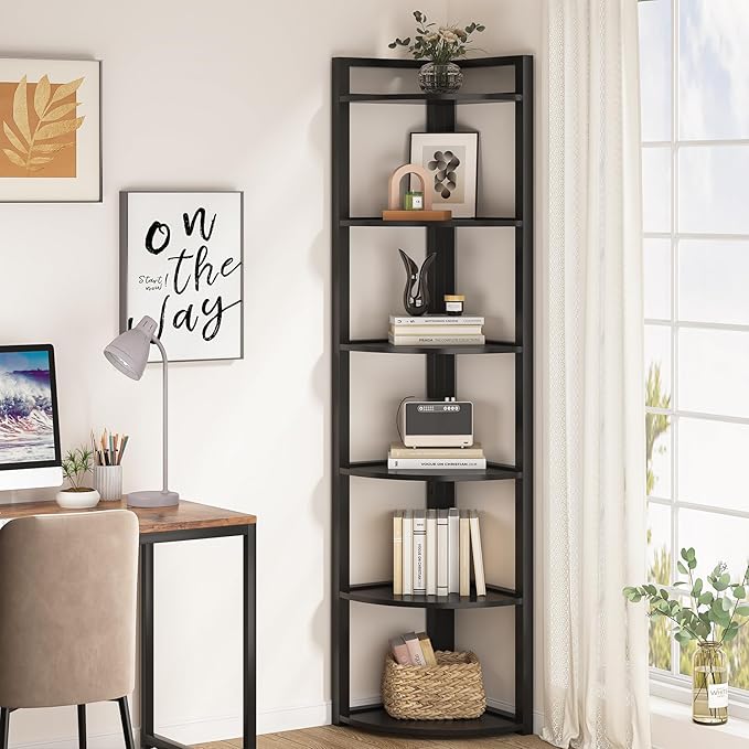 Tribesigns 6 Tier Corner Shelf, 70.9 Inch Tall Corner Bookshelf Small Bookcase Modern Corner Shelving Unit Storage Rack for Living Room, Home Office, Kitchen, Small Space (Black)