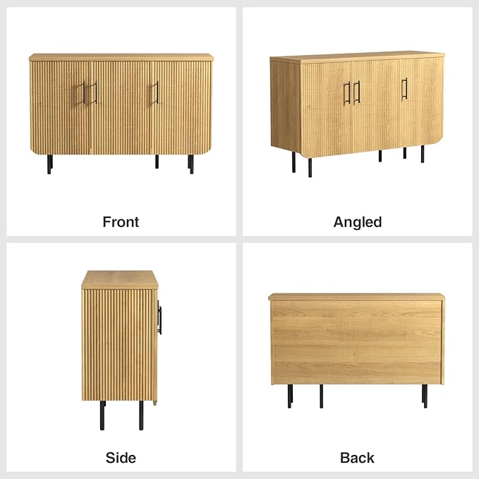 Modern Fluted Natural Storage Cabinet with 3 Doors, Adjustable Shelves, and Metal Legs, Accent Buffet Sideboard for Living Room, Dining Room, Entryway (Natural & Black)