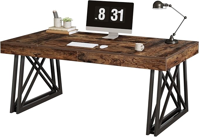 Tribesigns 63-Inch Executive Desk, Farmhouse Office Computer Desk with Sturdy X-Shaped Legs, Large Writing Table Business Furniture Workstation for Home Office, Study (Rustic Brown & Black)