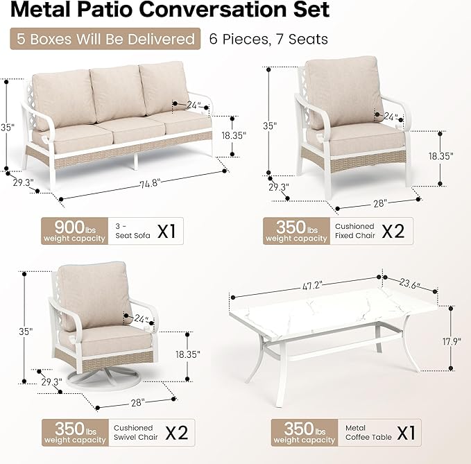 6 Piece Metal Outdoor Patio Furniture Set, Patio Conversation Set 1 3-Seater Sofa, 2 Fixed Sofa, 2 Swivel Chair with 5.75" Thick Cushion & Coffee Table White Backyard Furniture, Beige