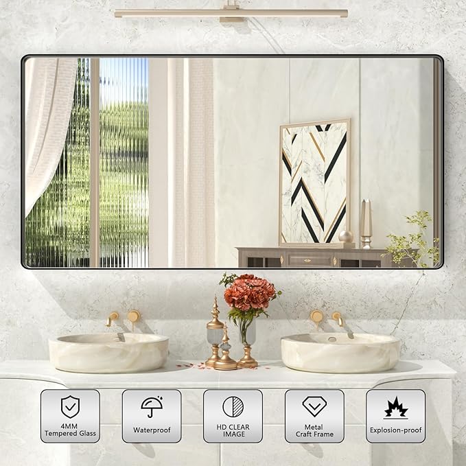 55x30 Inch Black Metal Framed Bathroom Mirror for Wall, Large Matte Black Bathroom Vanity Mirror,Rounded Rectangle Mirror,Anti-Rust,Tempered Glass (Horizontal/Vertical)