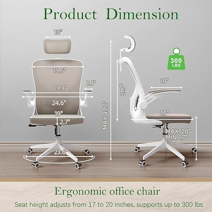 Ergonomic Office Chair, High-Back Mesh Computer Desk Chair with Adjustable Height, Lumbar Support, Flip-Up Armrests,headrest，and Swivel Rolling Design for Home and Office Use