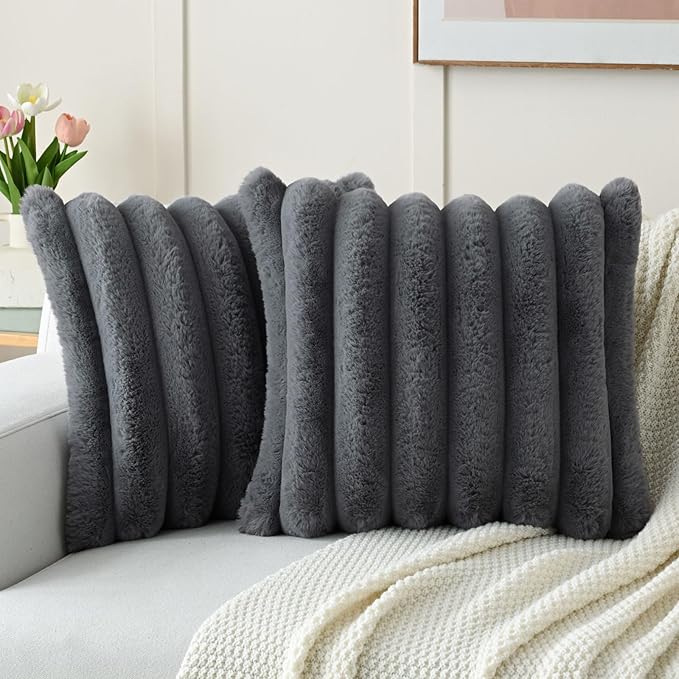 FUTEI Dark Grey Decorative Throw Pillow Covers 26x26 Inch Set of 2, Square Soft Faux Rabbit Fur Big Striped Pillow Sham,Home Decor for Couch Sofa Bed Living Room