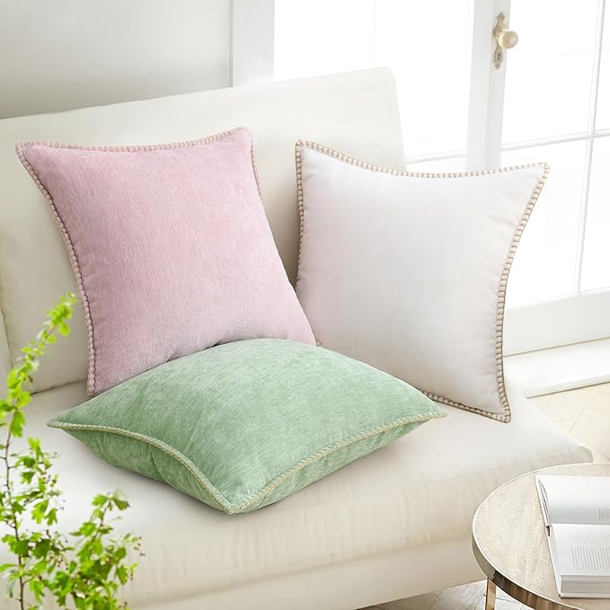 decorUhome Christmas Chenille Soft Throw Pillow Covers 16x16 Set of 2, Farmhouse Velvet Neutral Decorative Euro Pillow Covers with Stitched Edge for Couch Sofa Bed Home Decor, Sage Green