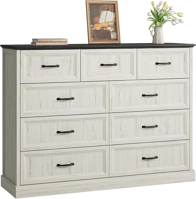 CARPETNAL Farmhouse 9 Drawer Dresser for Bedroom, 55 Inch Wide Modern White Dresser TV Stand with Large Drawers & Bar Handles, Rustic Wood Chest of Drawers for Bedroom, Living Room, Hallway, Entryway.