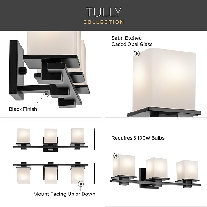 KICHLER Tully 24" 3-Light Vanity Light with Satin Etched Cased Opal Glass in Black for Over a Vanity, Soft Modern Style, (24" x 6.5" x 7"), 45151BK