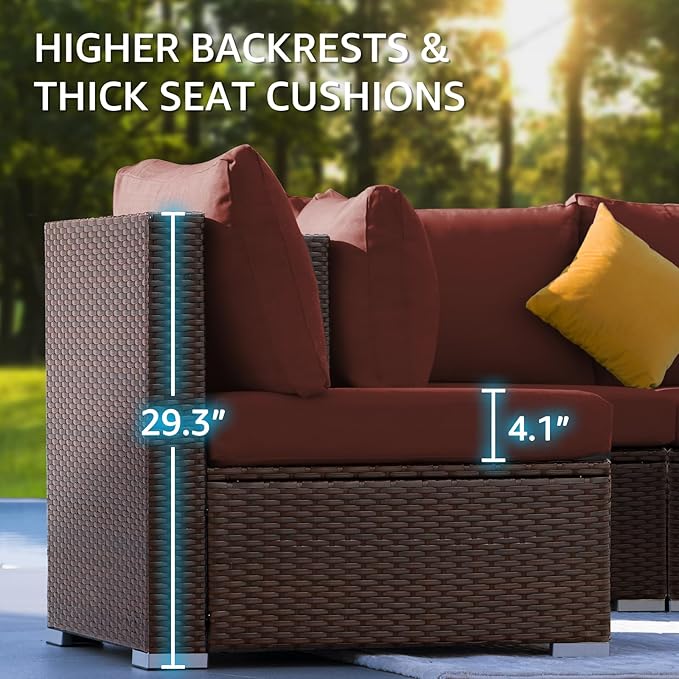 NICESOUL 7 Piece Outdoor Sofa Sectional with Firepit Natural Gas & Propane, Extra Large Patio Furniture Set for Heavy People, Deep Modular Wicker Conversation Sitting, Brown Rattan and Red Cushion