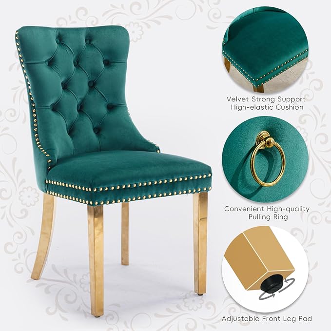 Velvet Upholstered Dining Chairs Set of 4, Modern Style Kitchen Side Chairs with Nailhead Trim and Gold Plated Leg, Metal Pulling Ring for Dining Room Living Room(Green,Set of 4)