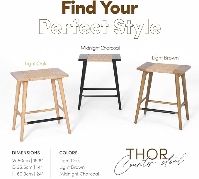 Thor Wicker Premium Solid Wood Counter Stool 24", Set of 2, Backless Counter Height Seating with Hand-Knitted Rope, Eco-Friendly Modern Design (Light Brown)