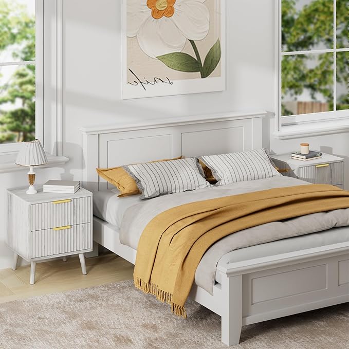 LYNSOM Fluted Dresser and Nightstand Sets 3 Piece, 5-Drawers Dresser and 2-Drawer Nightstands Set of 2, Wood Bedroom Furniture Set for Home, Bedroom, Hallway, White
