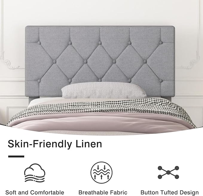VECELO Twin Bed Frame with Button Tufted Headboard, Upholstered Platform with Wooden Slat Support, No Box Spring Needed, Linen Grey