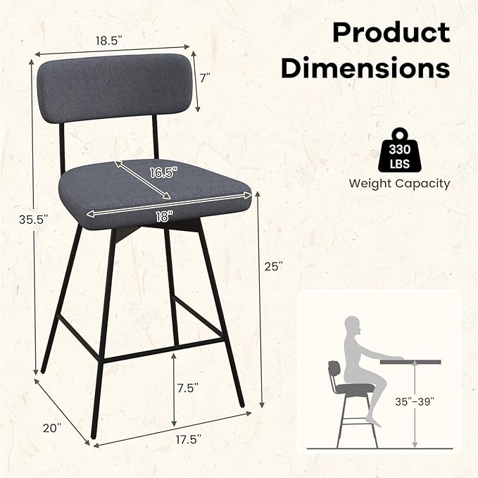 COSTWAY Bar Stools Set of 4, 25” Upholstered Counter Height Bar Stools with Back, 360° Swivel Dining Chairs with Heavy-Duty Metal Legs and Footrests, for Kitchen Island, Dining Room, Bar (4, Grey)