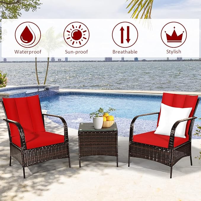 COSTWAY 3 Pieces Patio Rattan Furniture Set, Outdoor Conversation Chair Set with Coffee Table & 2 Cushions for Backyard, Porch, Poolside, Lawn, Garden, Red