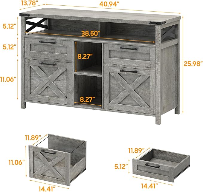 Filing Organization Storage Cabinets 4 Drawer with Adjustable Shelf, Lateral Filing Cabinet with Open Storage Shelf for Home Office, Farmhouse File Cabinets for Hanging Files Letter/A4.Gray