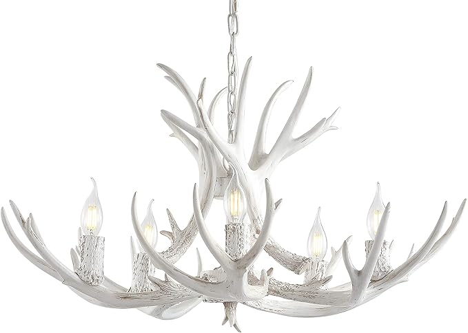 JONATHAN Y JYL6300B Eldora 30" Adjustable Resin Antler 5-Light LED Chandelier, Glam, Rustic,Cottage,Transitional, Dimmable Dining Room, Living Room, Kitchen, Foyer, Bedroom, White
