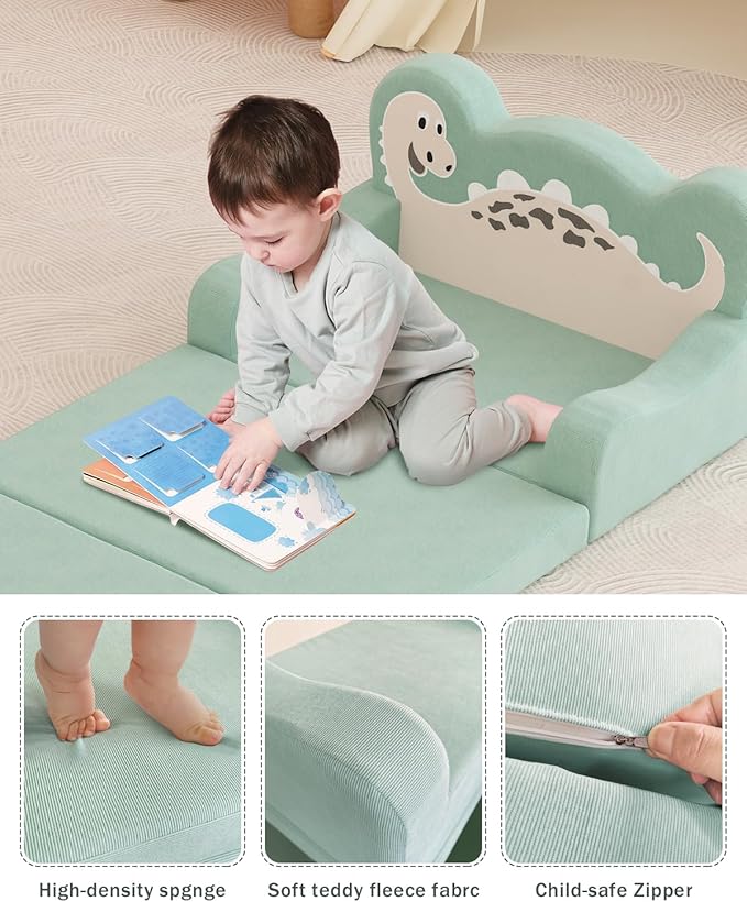 YACODAVO 2-in-1 Kids Couch Fold Out, Convertible Toddler Couch to Lounger, Toddler Chair Comfy, Kids Sofa for Girls and Boys, Gift for Birthday, Children's Day, Dinosaur Green