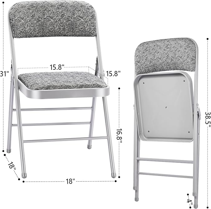 cyclone sound 4 Pack Folding Chairs with Fabric Padded Cushion and Back, Commercial Grade Metal Chairs with Fabric Cushion for Home and Office, for Indoor and Outdoor Events (4, Gray-Fabric)