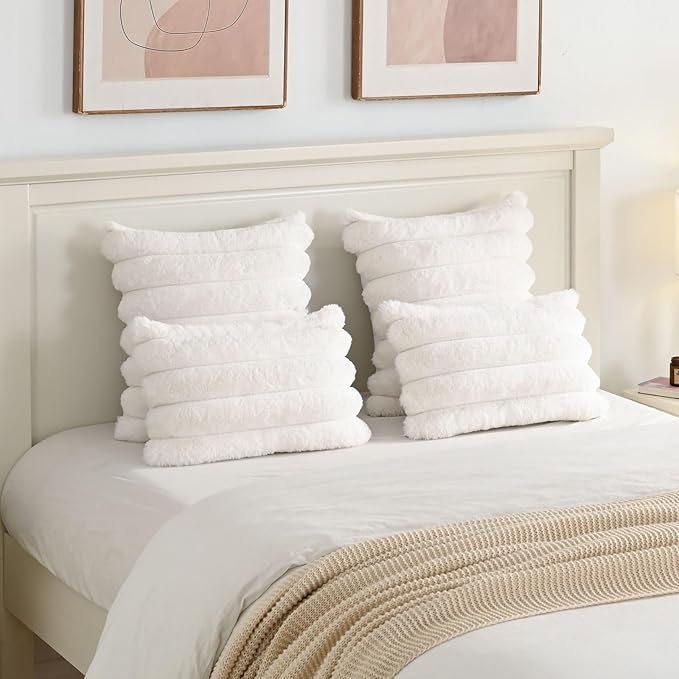FUTEI Cream White Decorative Throw Pillow Covers 18x18 Inch Set of 2, Square Soft Faux Rabbit Fur Thick Striped Cushion Cover,Winter Home Decor for Couch Bed Living Room