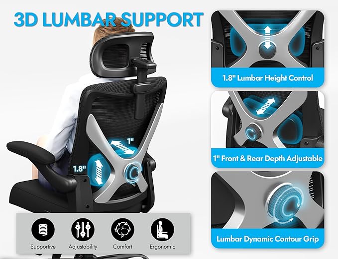 Ergonomic Office Chair - X-Shaped Computer Desk Chair Comfy, Gaming Chair, Office Chair with Lumbar Support, Mesh Office Chairs with Headrests, Desk Chair for Long Hours (Black Silver)