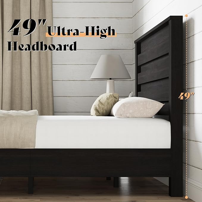 AMERLIFE Farmhouse Queen Size Bed Frame with 49" Tall Headboard, Platform Bed with Natural Wood Grain, No Box Spring Needed/Noise Free, Black