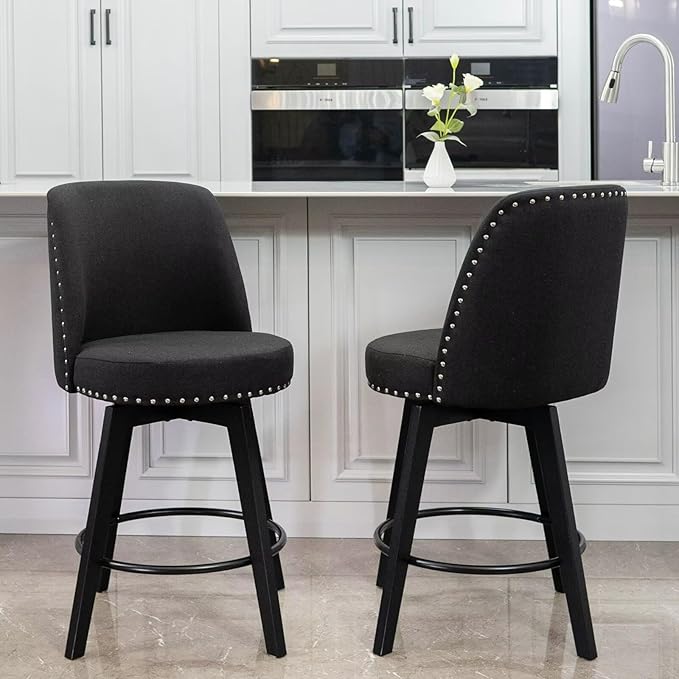 MINCETA Bar Stool, 26 Inch Upholstered Barstool with High Back and Footrest, Swivel Counter Height Barstool for Kitchen Island Home Bar Black