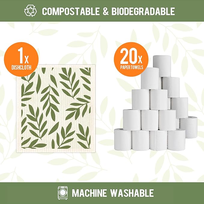 Morigins Swedish Dishcloths for Kitchen 6 Pack Eucalyptus Cellulose Sponge Cloths Non Scratch Reusable Paper Towels Biodegradable and Reusable Kitchen Dish Rags (Moss Green)