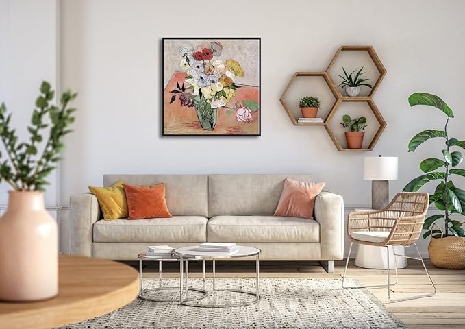 Wieco Art Framed Wall Art Japanese Vase with Roses and Anemones by Vincent Van Gogh Oil Paintings Reproduction Artwork Flowers on Canvas Wall Art for Home and office Decorations