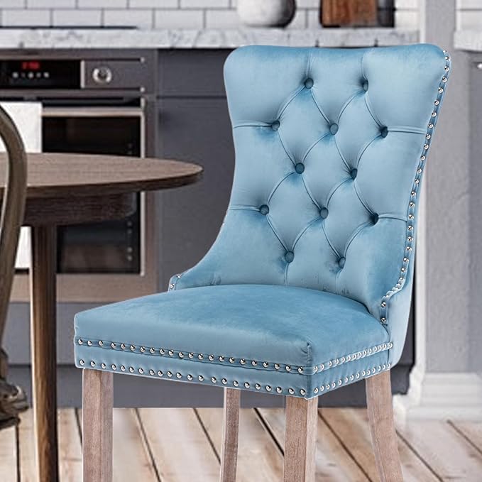 Velvet Upholstered Dining Chairs Set of 4, Modern Style Kitchen Side Chairs with Nailhead Trim and Wood Legs,Metal Pulling Ring for Dining Room Living Room(Sky Blue,Set of 4)