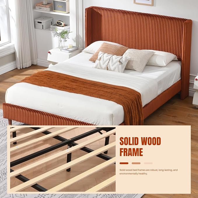 PINJU Queen Size Bed Frame, Upholstered Platform Bed with Modern Vertical Striped Wingback Headboard with Wooden Slats, Easy to Assemble No Noise Free (OCHER, Queen (U.S. Standard))
