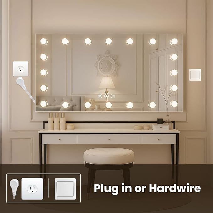 WTTY LED Bathroom Mirror with Lights 40"x24" Hollywood Wall-Mounted Mirror with 3 Color Temperatures, Stepless Dimmable Bulbs, Anti-Fog & Shatter-Proof